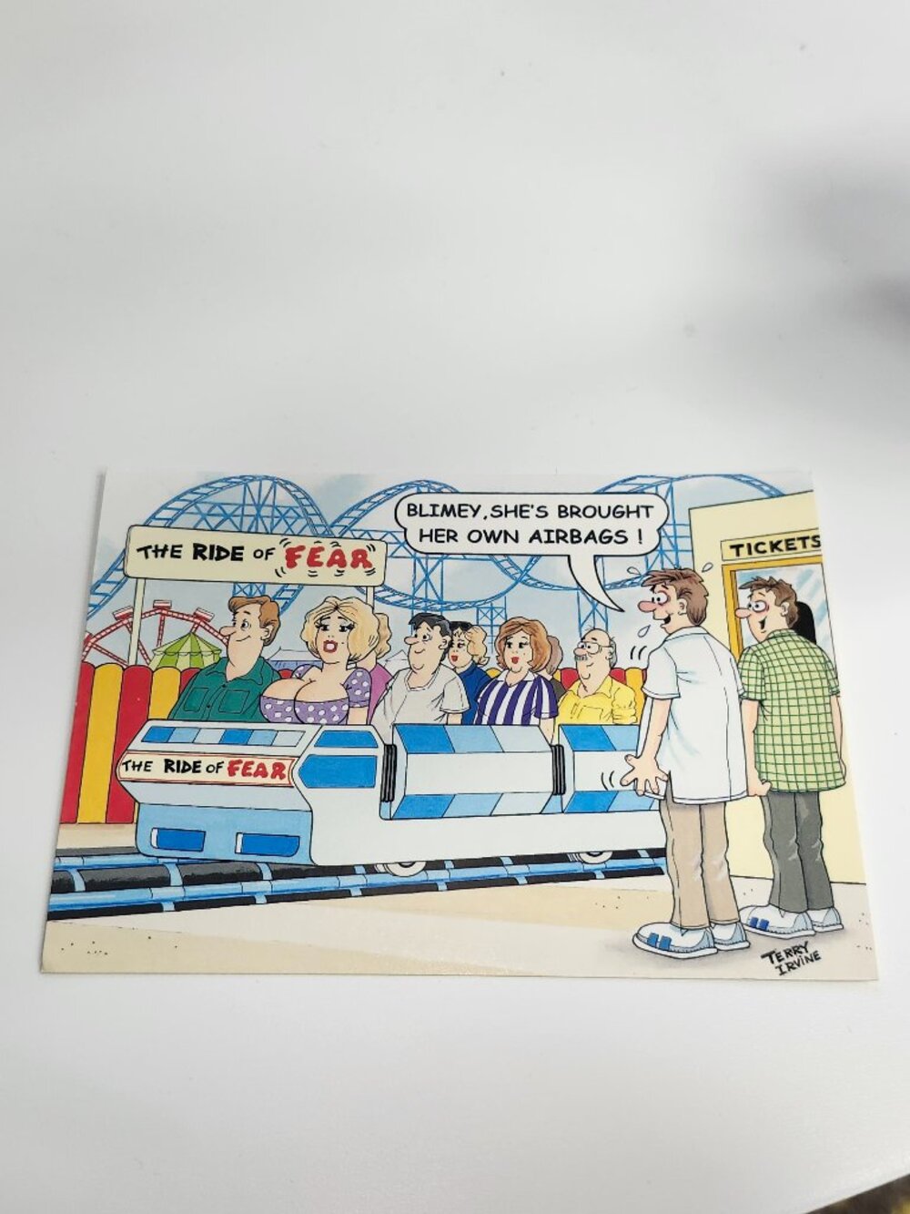 VINTAGE Terry Irvine POST CARD Funny Comedic Amusement Park Theme Park Rides